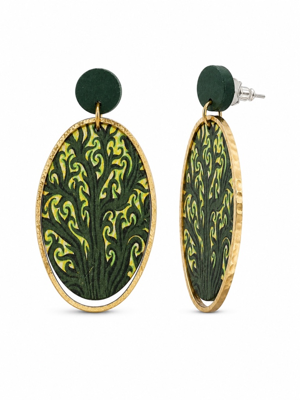 Boho Wood Oval Drop Earrings Gold Tone Green Botanica
